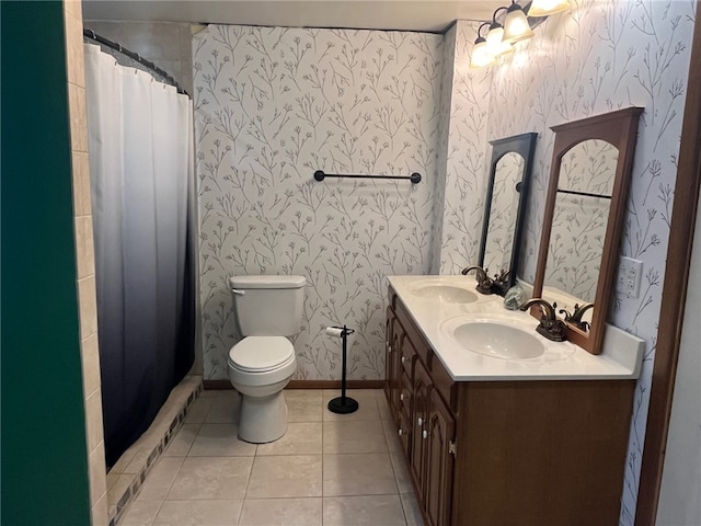 33 E Vanscoter St, Hornell, NY 14843 - full bathroom with double vanity, wallpapered walls, tile patterned floors, and a shower with shower curtain