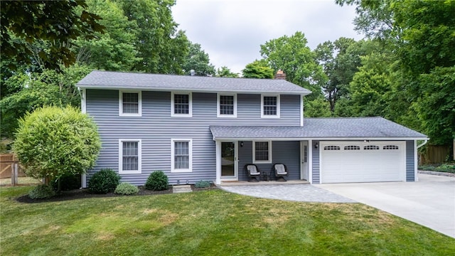 32 White Birch Cir, Chili, NY 14624 - colonial house featuring a chimney, an attached garage, driveway, and roof with shingles