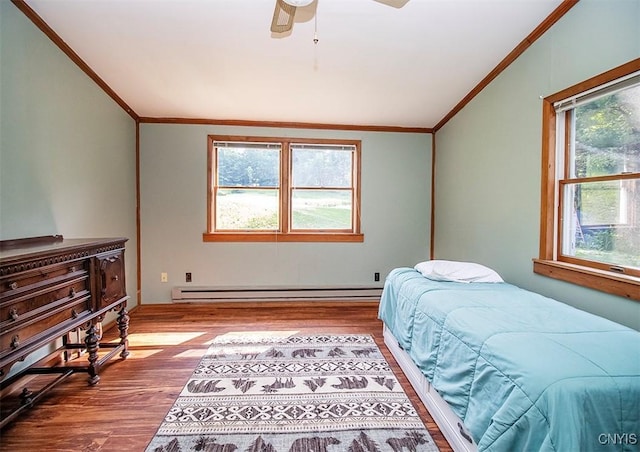 4022 W Milestrip Rd, Fenner, NY 13032 - bedroom featuring a baseboard radiator, crown molding, wood finished floors, multiple windows, and ceiling fan