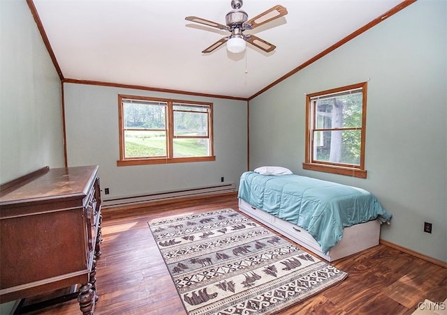 4022 W Milestrip Rd, Fenner, NY 13032 - bedroom with baseboard heating, vaulted ceiling, ornamental molding, multiple windows, and wood finished floors