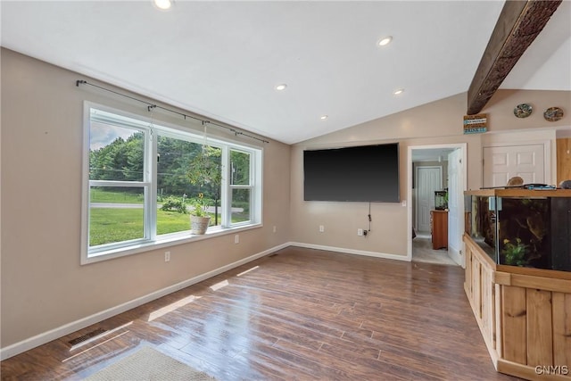 1037 County Route 17, Constantia, NY 13028 - unfurnished living room with lofted ceiling, wood finished floors, and recessed lighting
