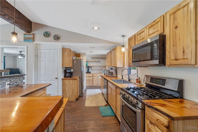 1037 County Route 17, Constantia, NY 13028 - kitchen with stainless steel appliances, lofted ceiling, wooden counters, dark wood-type flooring, and ceiling fan