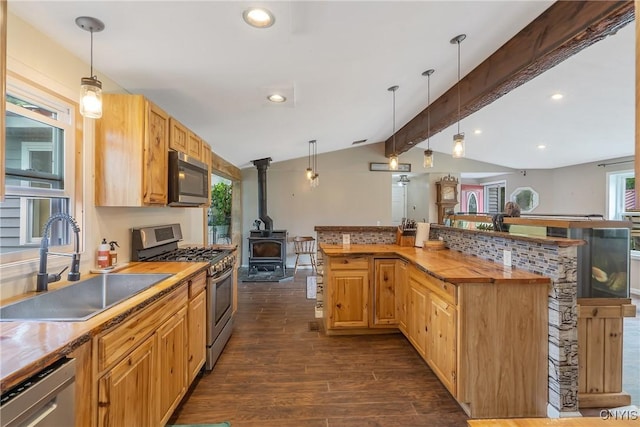 1037 County Route 17, Constantia, NY 13028 - kitchen with stainless steel appliances, dark wood-style flooring, open floor plan, hanging light fixtures, and recessed lighting