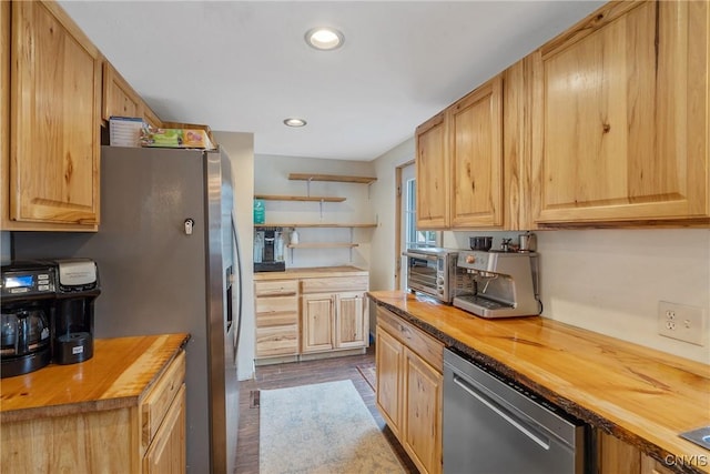 1037 County Route 17, Constantia, NY 13028 - kitchen featuring wooden counters, stainless steel appliances, open shelves, recessed lighting, and dark wood-style floors