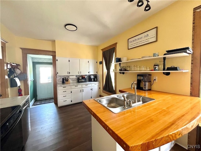 66 N Gordon St, Gouverneur, NY 13642 - kitchen featuring range with electric stovetop, white cabinetry, a peninsula, dark wood finished floors, and open shelves