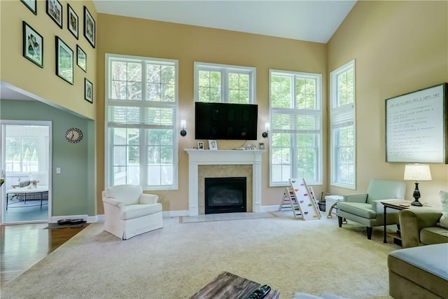 906 Lothario Cir, Webster, NY 14580 - carpeted living area featuring a fireplace with flush hearth and baseboards