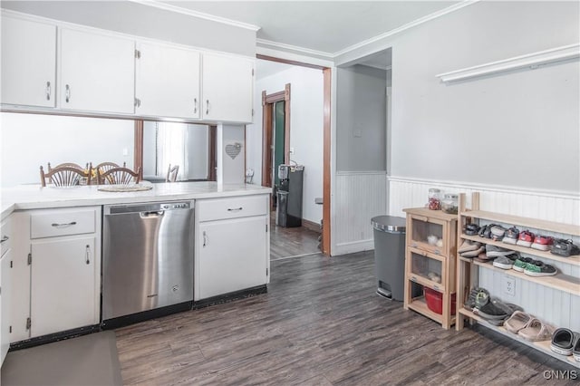 20199 County Route 181, Orleans, NY 13656 - kitchen with dishwasher, dark wood-style flooring, white cabinetry, wainscoting, and light countertops