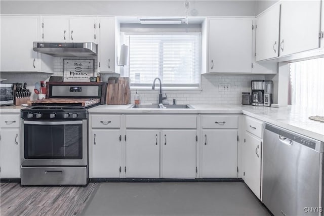 20199 County Route 181, Orleans, NY 13656 - kitchen featuring stainless steel appliances, under cabinet range hood, decorative backsplash, white cabinets, and light countertops
