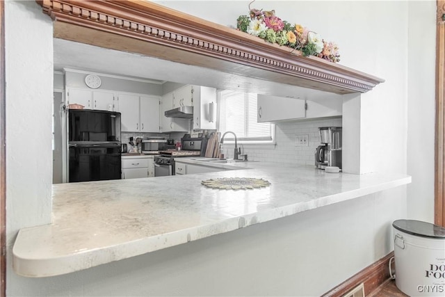 20199 County Route 181, Orleans, NY 13656 - kitchen featuring stainless steel appliances, under cabinet range hood, backsplash, and white cabinetry