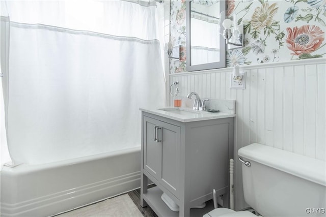 20199 County Route 181, Orleans, NY 13656 - full bathroom featuring vanity, a wainscoted wall, and shower / bath combo