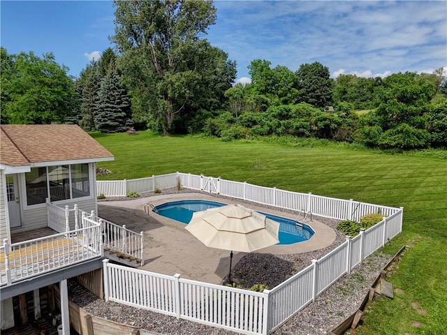 1566 Tracy Dr, Spafford, NY 13152 - view of pool featuring a fenced backyard, a deck, a patio area, and an outdoor structure