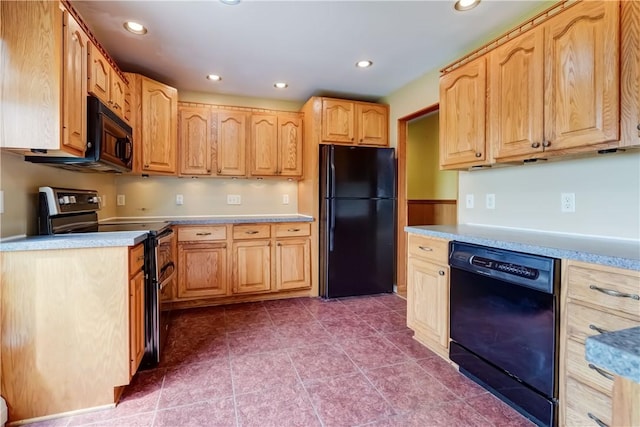 1566 Tracy Dr, Spafford, NY 13152 - kitchen featuring black appliances, recessed lighting, light countertops, tile patterned flooring, and light brown cabinetry