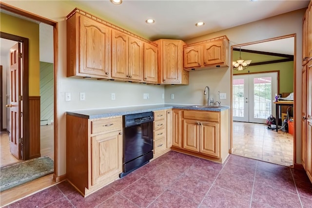 1566 Tracy Dr, Spafford, NY 13152 - kitchen featuring dishwasher, light brown cabinets, recessed lighting, french doors, and a chandelier