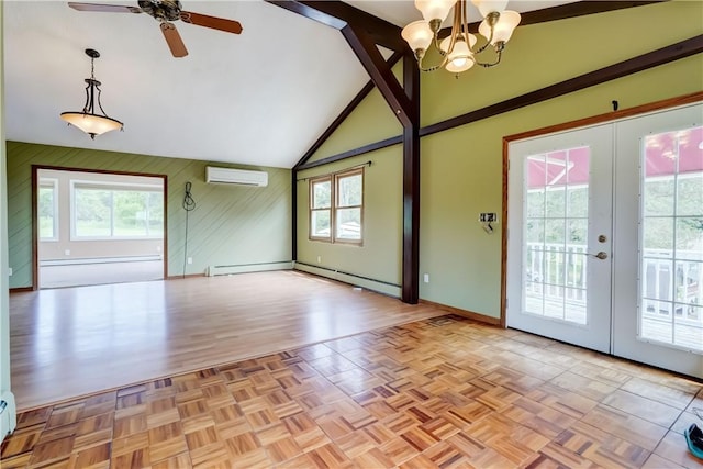 1566 Tracy Dr, Spafford, NY 13152 - empty room featuring an AC wall unit, plenty of natural light, ceiling fan, french doors, and high vaulted ceiling
