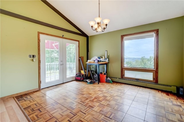 1566 Tracy Dr, Spafford, NY 13152 - dining area with a baseboard heating unit, french doors, a chandelier, and vaulted ceiling