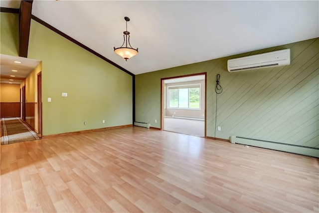 1566 Tracy Dr, Spafford, NY 13152 - spare room featuring a wall mounted air conditioner, lofted ceiling, light wood-type flooring, baseboard heating, and wooden walls