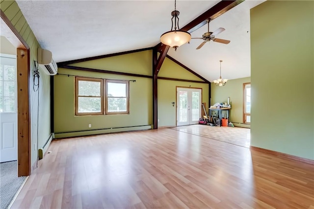 1566 Tracy Dr, Spafford, NY 13152 - unfurnished living room featuring an AC wall unit, beamed ceiling, a baseboard radiator, plenty of natural light, and light wood-style flooring