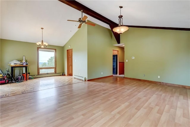 1566 Tracy Dr, Spafford, NY 13152 - empty room featuring baseboard heating, a baseboard heating unit, high vaulted ceiling, beamed ceiling, and a chandelier