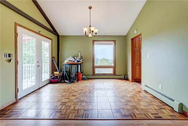 1566 Tracy Dr, Spafford, NY 13152 - doorway with lofted ceiling, a baseboard radiator, a chandelier, and french doors