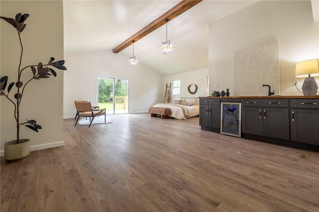 23 Kerry Park, Henrietta, NY 14534 - bedroom with beverage cooler, wood finished floors, access to exterior, and a chandelier