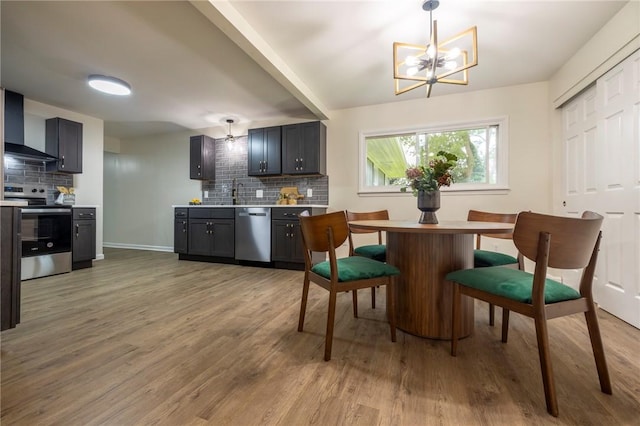 23 Kerry Park, Henrietta, NY 14534 - kitchen with stainless steel appliances, wall chimney range hood, decorative backsplash, and wood finished floors