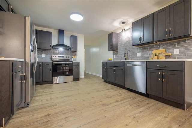 23 Kerry Park, Henrietta, NY 14534 - kitchen with stainless steel appliances, wall chimney exhaust hood, backsplash, light wood-style floors, and light countertops