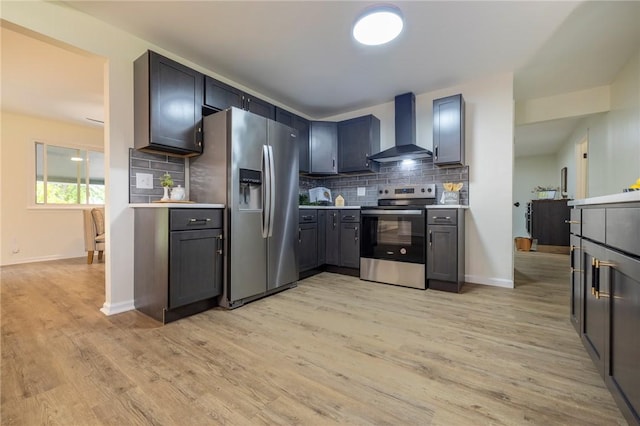 23 Kerry Park, Henrietta, NY 14534 - kitchen with stainless steel appliances, wall chimney range hood, tasteful backsplash, and light wood finished floors