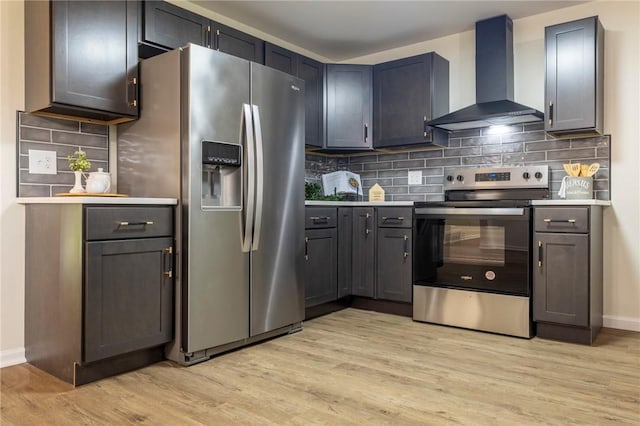 23 Kerry Park, Henrietta, NY 14534 - kitchen featuring appliances with stainless steel finishes, wall chimney range hood, light wood-style flooring, light countertops, and tasteful backsplash