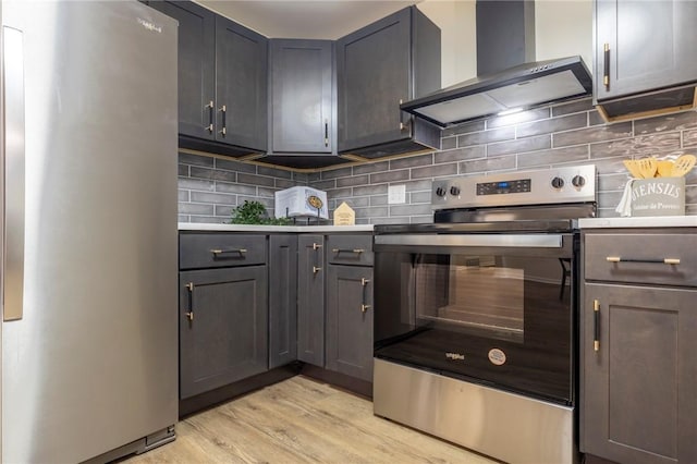 23 Kerry Park, Henrietta, NY 14534 - kitchen featuring appliances with stainless steel finishes, wall chimney exhaust hood, light wood finished floors, and tasteful backsplash