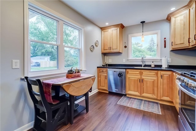286 Park Ln, Webster, NY 14580 - kitchen featuring appliances with stainless steel finishes, dark wood-type flooring, dark countertops, decorative light fixtures, and recessed lighting