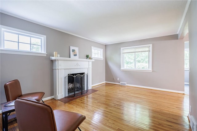79 Meredith Ave, Brighton, NY 14618 - living room with a fireplace, light wood finished floors, and crown molding