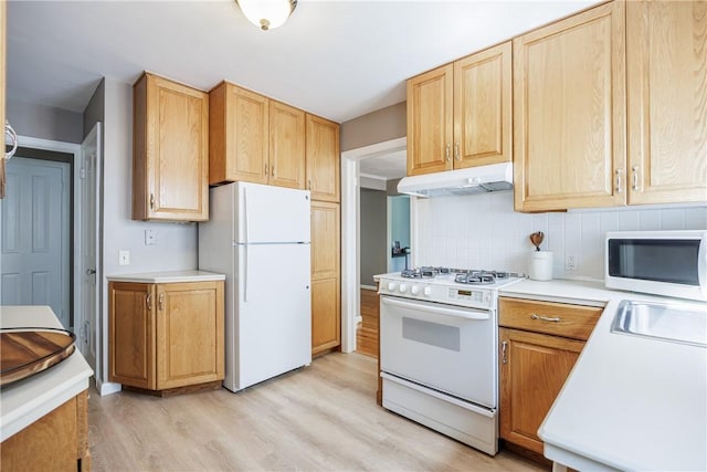79 Meredith Ave, Brighton, NY 14618 - kitchen featuring white appliances, under cabinet range hood, light wood-style floors, backsplash, and light countertops