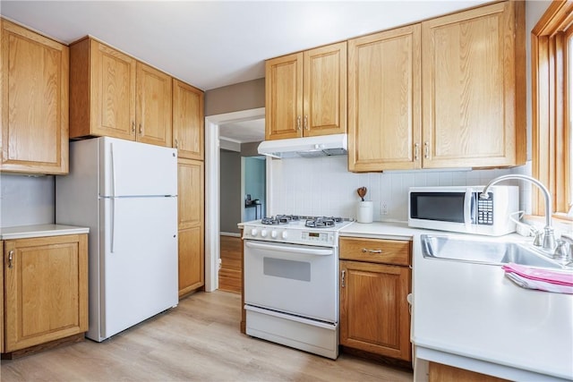 79 Meredith Ave, Brighton, NY 14618 - kitchen with white appliances, under cabinet range hood, tasteful backsplash, light wood finished floors, and light countertops
