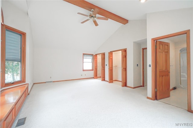 100 W Maplemere Rd, Amherst, NY 14221 - unfurnished room with beamed ceiling, ceiling fan, light colored carpet, and high vaulted ceiling