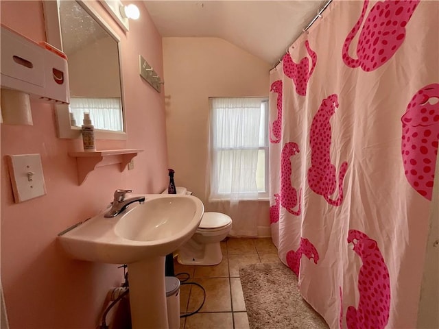 22 Jefferson St, North Dansville, NY 14437 - full bath with tile patterned floors, lofted ceiling, healthy amount of natural light, and a shower with shower curtain