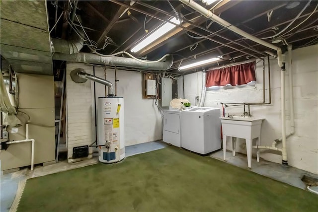 128 Princeton Blvd, Tonawanda, NY 14217 - below grade area with water heater, washing machine and clothes dryer, electric panel, and heating unit