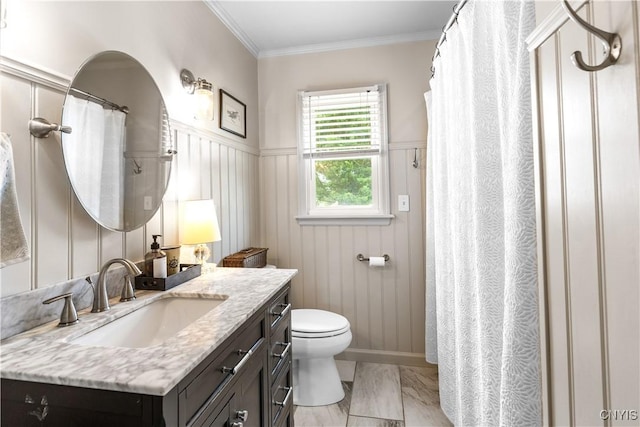 102 W Rand St, German Flatts, NY 13357 - full bath with marble finish floors, vanity, crown molding, wainscoting, and a shower with shower curtain