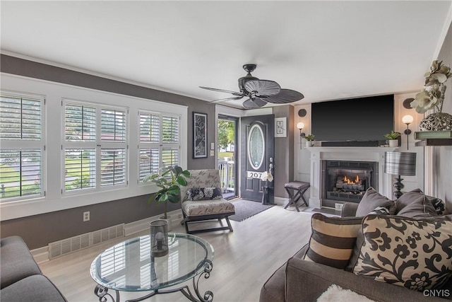 207 Baxton St, Clay, NY 13212 - living room featuring a fireplace with flush hearth, wood finished floors, and a ceiling fan