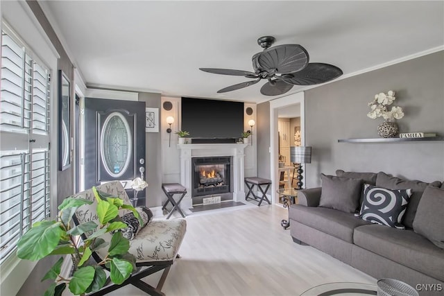 207 Baxton St, Clay, NY 13212 - living room with wood finished floors, a glass covered fireplace, and a ceiling fan