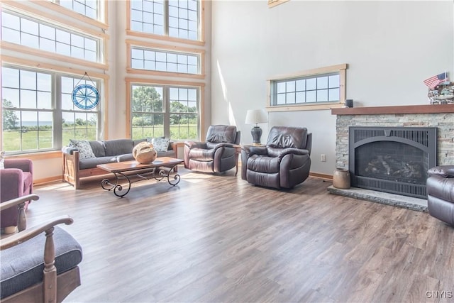 1812 Grenadier Island Rd Unit 1, Cape Vincent, NY 13618 - living room featuring a towering ceiling, wood finished floors, and a fireplace