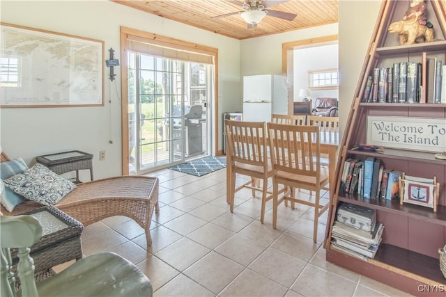 1812 Grenadier Island Rd Unit 1, Cape Vincent, NY 13618 - tiled dining space featuring wooden ceiling, healthy amount of natural light, and ceiling fan