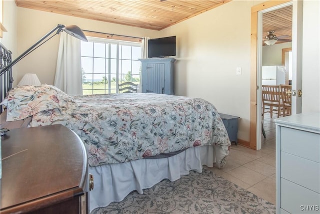 1812 Grenadier Island Rd Unit 1, Cape Vincent, NY 13618 - bedroom with wooden ceiling, tile patterned flooring, and freestanding refrigerator