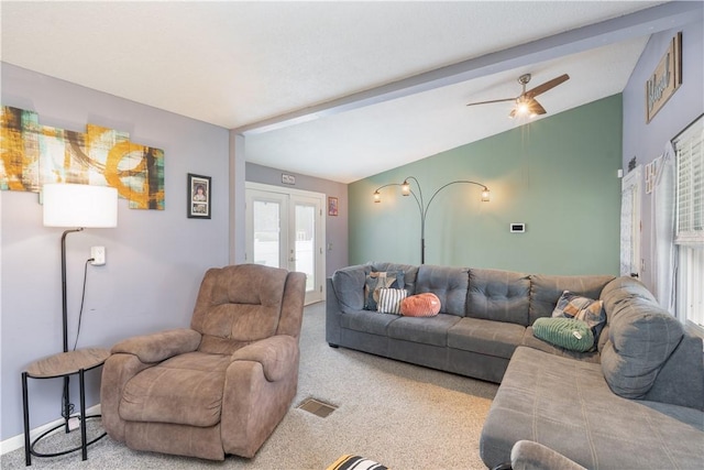 82 Maple St, Canisteo, NY 14823 - carpeted living area with a ceiling fan and beam ceiling