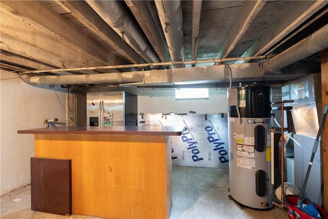 82 Maple St, Canisteo, NY 14823 - unfinished basement with water heater, stainless steel refrigerator with ice dispenser, and a dry bar
