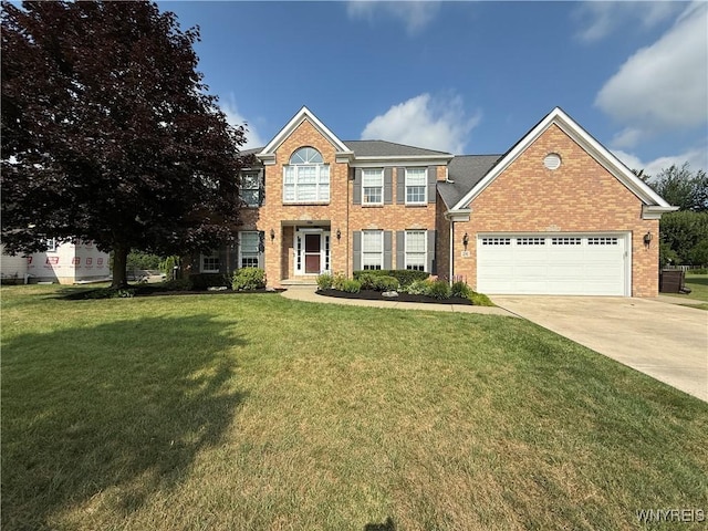 26 Forestglen Cir, Amherst, NY 14221 - colonial inspired home with brick siding, a garage, a front lawn, and driveway