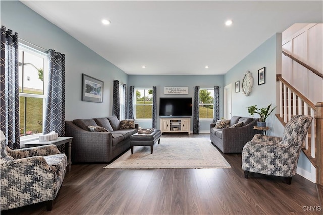 2600 Sunshine Cir, Camillus, NY 13031 - living area featuring wood finished floors, recessed lighting, and stairs