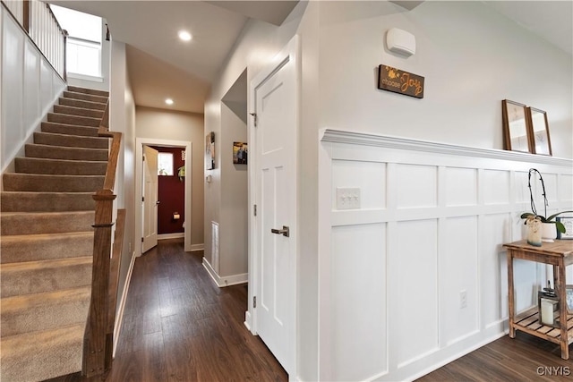 2600 Sunshine Cir, Camillus, NY 13031 - foyer featuring dark wood-type flooring, stairs, a decorative wall, and recessed lighting