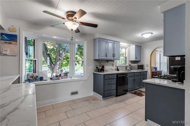 112 Creekview Dr, West Seneca, NY 14224 - kitchen with dishwashing machine, ceiling fan, ornamental molding, stainless steel microwave, and gray cabinets