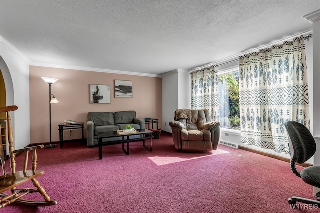 112 Creekview Dr, West Seneca, NY 14224 - living room featuring crown molding, a textured ceiling, carpet floors, and arched walkways