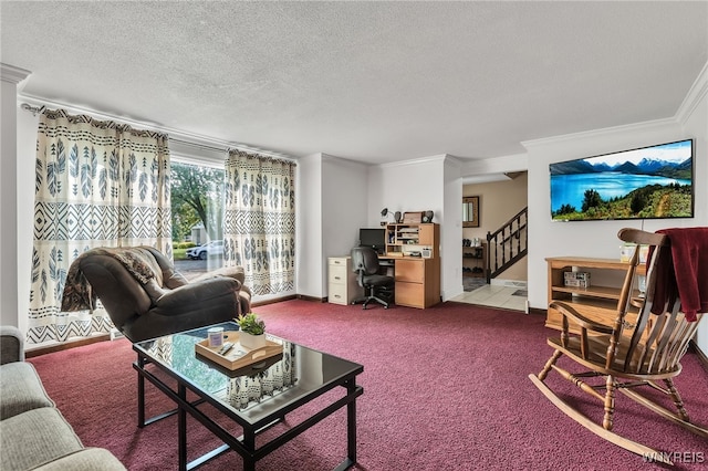 112 Creekview Dr, West Seneca, NY 14224 - carpeted living room featuring ornamental molding, an office area, stairs, and a textured ceiling